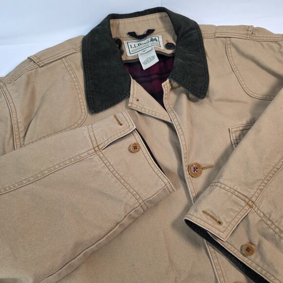 Vintage LL BEAN Tan Chore Jacket XL Canvas Barn Coat Removable Plaid Lining - Picture 4 of 16